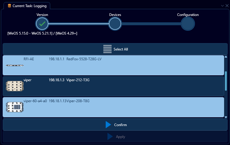Depicted is an overview of the WeConfig logging devices tab