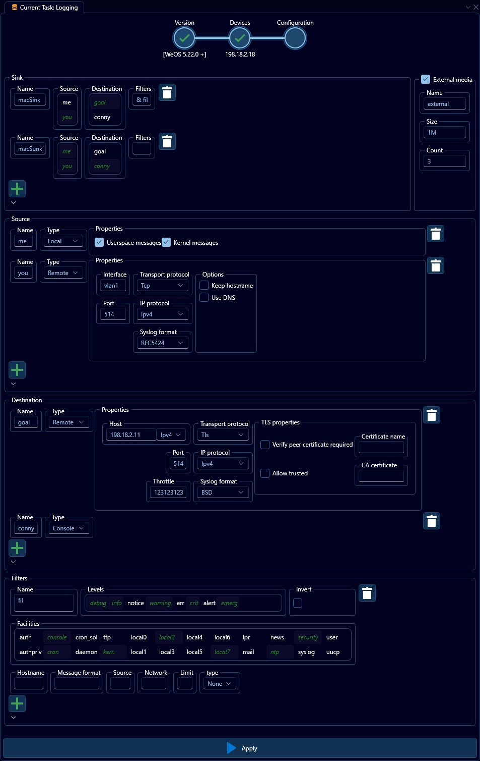 Depicted is an overview of the WeConfig logging configuration tab