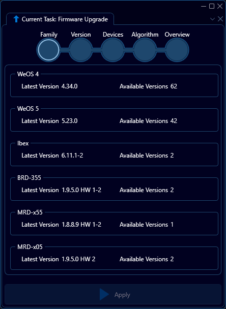 Depicted is an overview of the WeConfig firmware family tab