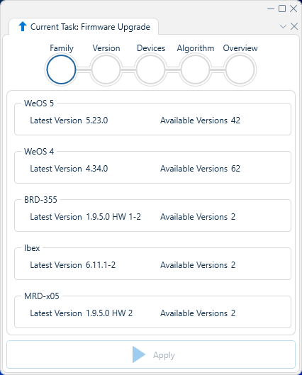 Depicted is an overview of the WeConfig firmware family tab