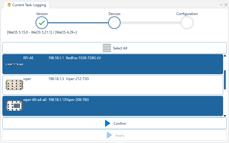 Depicted is an overview of the WeConfig logging devices tab