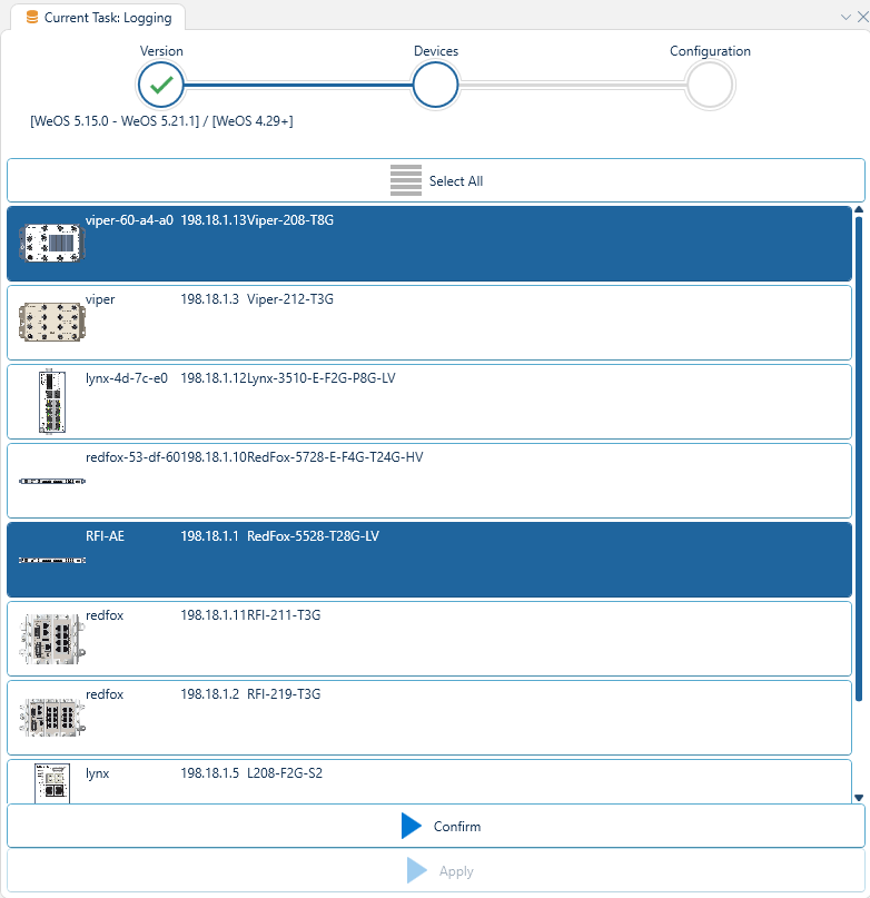 Depicted is an overview of the WeConfig logging devices tab