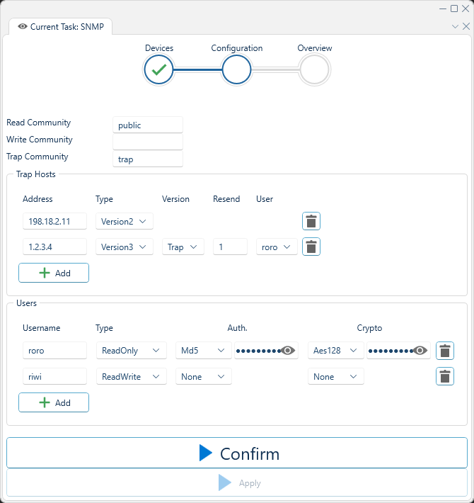 Depicted is an overview of the WeConfig SNMP configuration tab